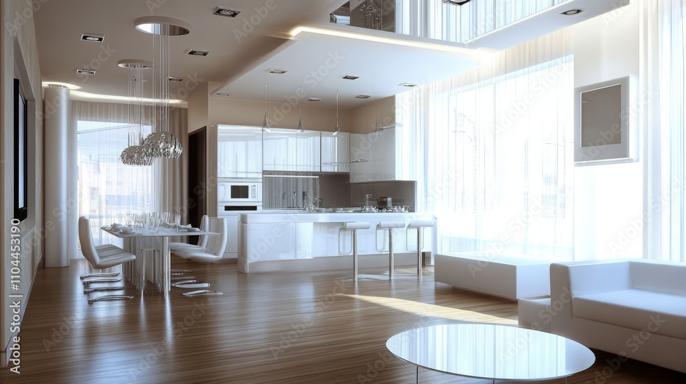 Modern dining room and kitchen with white furniture and decor