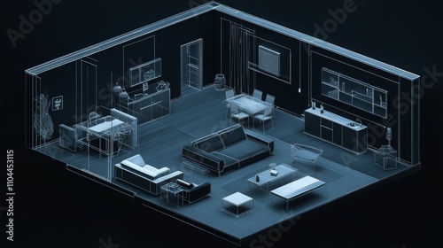 Modern black-wall apartment blueprint with an isometric furniture view. 