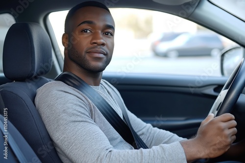 Man sits in car driver seat. Safety seatbelt securely fastened. Man looks confidently straight ahead. Urban setting. Possible photo for car insurance ads, safety campaigns, diversity in transport