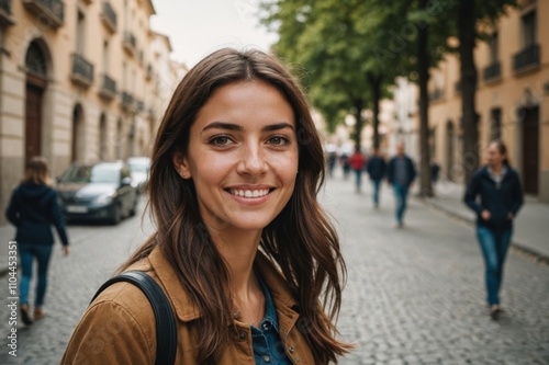 Close portrait of a smiling young Spanish woman looking at the camera, Spanish city outdoors blurred background