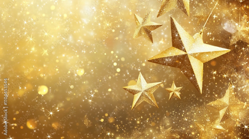 Golden Christmas tree stars shimmer against an abstract golden background, creating a festive holiday atmosphere. This vector illustration evokes the joy and anticipation of the New Year. Golden Christmas tree stars shimmer against an abstract golden background, creating a festive holiday atmosphere. This vector illustration evokes the joy and anticipation of the New Year.