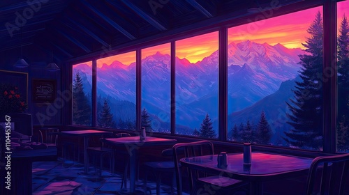 A serene mountain view captured from a cozy café at sunset, with vibrant purple and orange skies lighting up the scene.