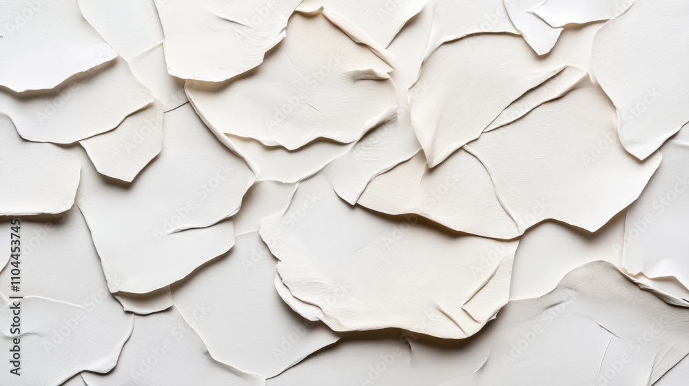 Dried cracked white clay surface with overlapping layers of rough textured patterns creating an abstract organic design in neutral tones Dried cracked white clay surface with overlapping layers of rough textured patterns creating an abstract organic design in neutral tones