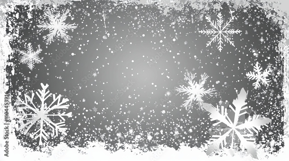 Gray grunge Christmas background with winter snowfall, flying snow flakes and stars on a gray background. Perfect for your holiday designs, this vector illustration includes a snowflake template. Gray grunge Christmas background with winter snowfall, flying snow flakes and stars on a gray background. Perfect for your holiday designs, this vector illustration includes a snowflake template.