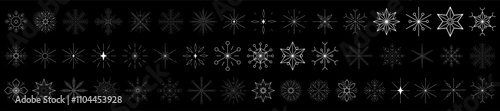 New Year and Christmas set. Elegant snowflakes vector icons. White snowflakes on black background. Winter snowflake line icons. 2025 year.