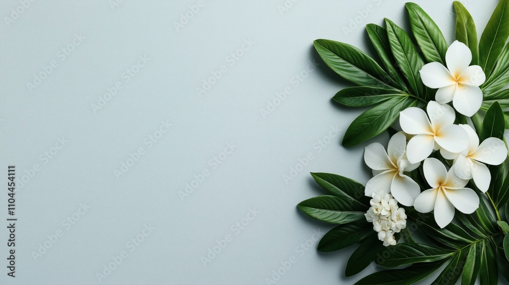 Arrangement of white tropical flowers and glossy green leaves on a pastel blue background