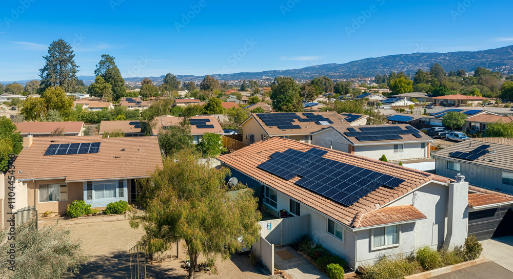 Fototapeta premium Modest real estate home with solar power panels roof 