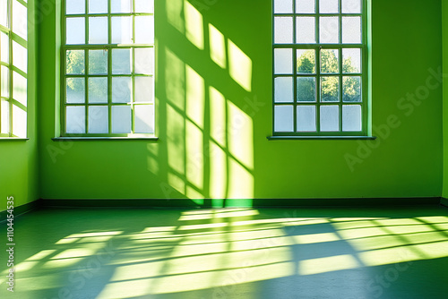 An empty school room interior  morning light streaming through windows  sage green walls.