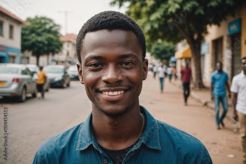 Close portrait of a smiling young Tanzanian man looking at the camera, Tanzanian city outdoors blurred background