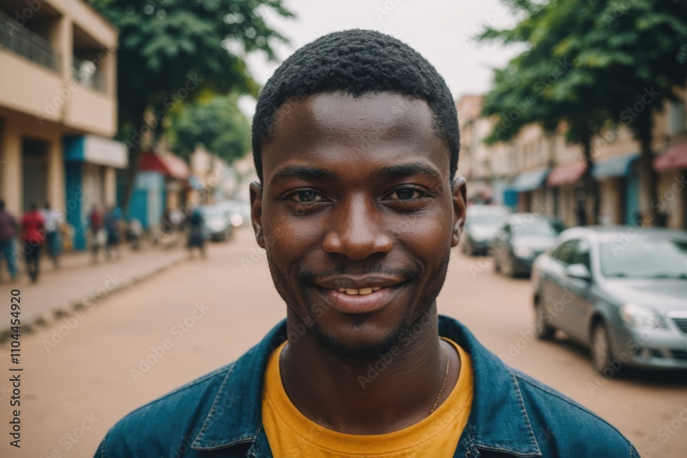 Close portrait of a smiling young Togolese man looking at the camera, Togolese city outdoors blurred background Close portrait of a smiling young Togolese man looking at the camera, Togolese city outdoors blurred background