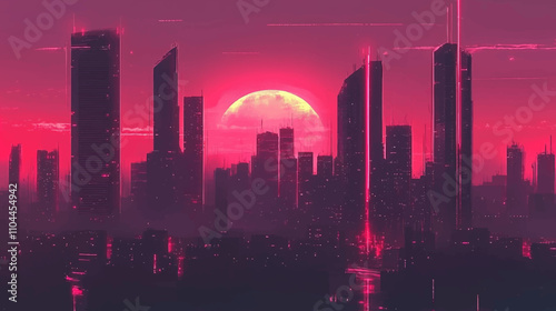 Futuristic night city. Cityscape on a colorful background with bright and glowing neon lights. Wide city front perspective view. Cyberpunk and retro wave style illustration.