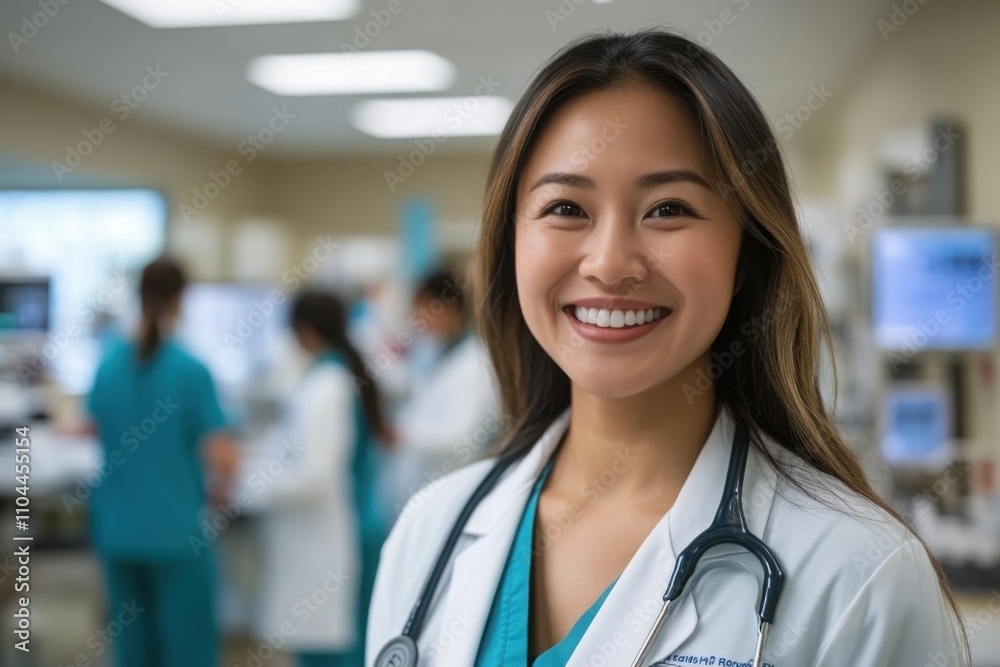 Close portrait of a smiling young Filipino woman doctor looking at the camera, Filipino hospital blurred background Close portrait of a smiling young Filipino woman doctor looking at the camera, Filipino hospital blurred background