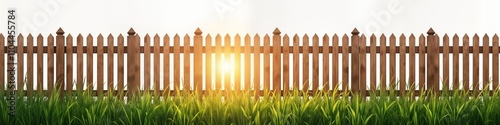 Wooden picket fence stands tall in rich green grass. Sunlight shines through gaps in fence. Ideal for peaceful summer scenes. Suggests backyard, garden, rural landscape. Suitable for nature theme