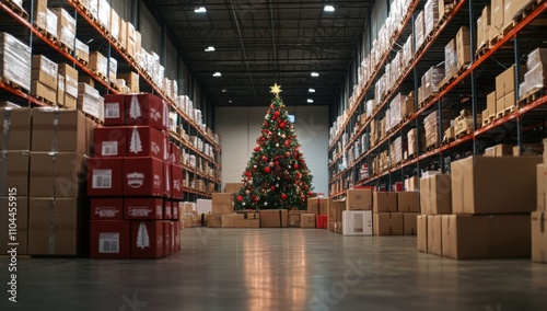 Warehouse with stacked boxes and a decorated Christmas tree, symbolizing holiday preparation and logistics.