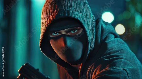 A male figure in a dark hoodie and mask, exuding a tense and dangerous vibe with a handgun in hand. photo