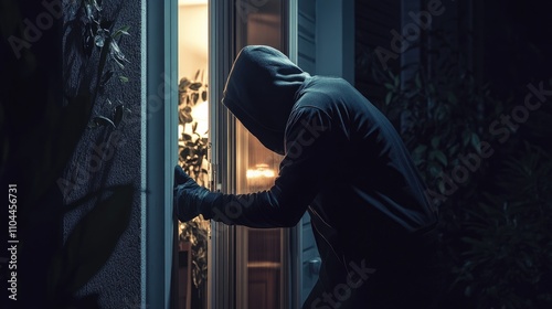 A male figure in a hoodie attempts to break into a house at night, creating a tense and ominous atmosphere. photo