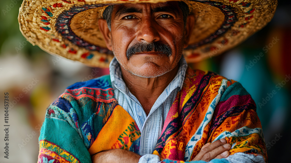 Obraz premium Portrait of a Traditional Mexican Man in Colorful Attire and Sombrero Against a Vibrant Background