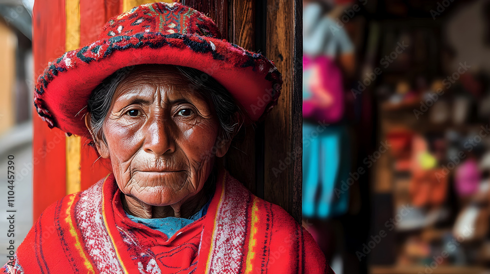 Obraz premium Portrait of a Smiling Elderly Peruvian Woman in Traditional Colorful Clothing