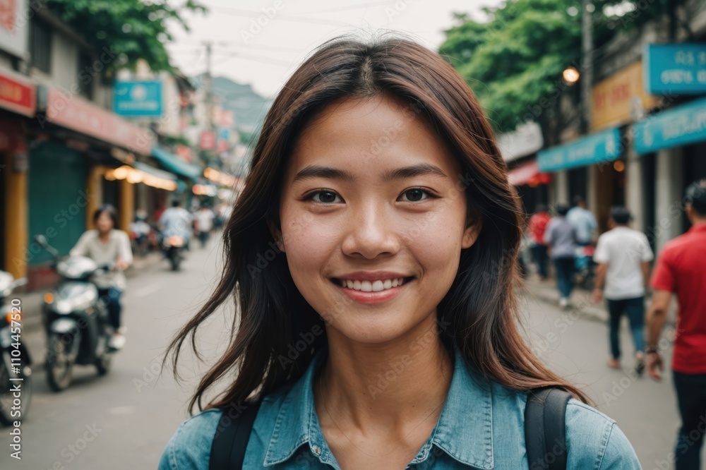 Close portrait of a smiling young Vietnamese woman looking at the camera, Vietnamese city outdoors blurred background Close portrait of a smiling young Vietnamese woman looking at the camera, Vietnamese city outdoors blurred background