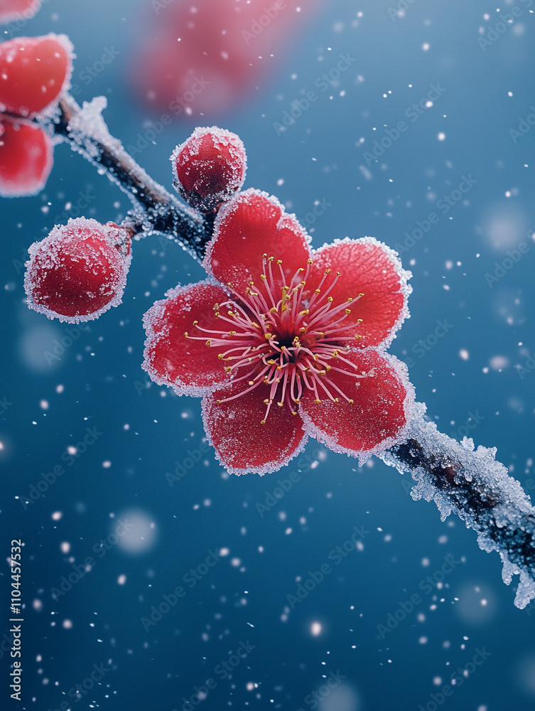 Cinematic still of red plum blossom on a bright icy branch with heavy snow falling against a dark blue sky.