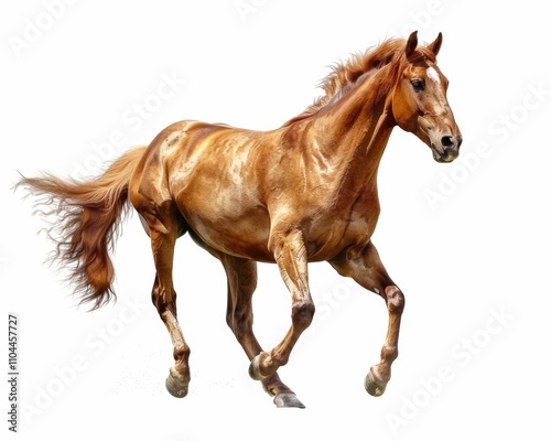 A majestic chestnut horse galloping gracefully, showcasing its strength and agility. photo