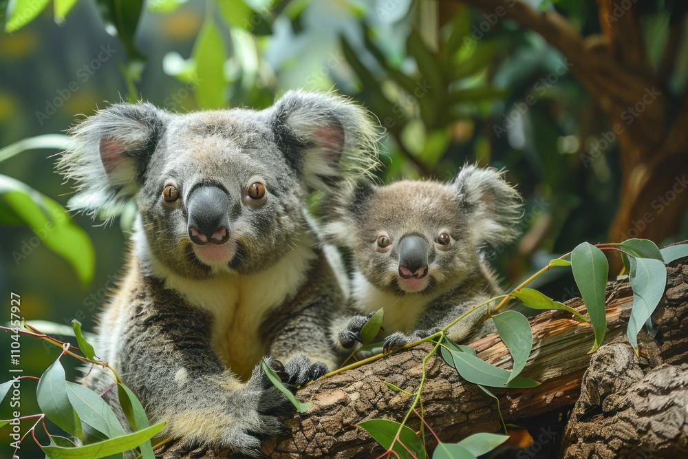 Fototapeta premium Koala, phascolarctos cinereus, Mother with Young standing on Branch,. 