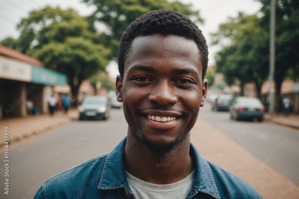 Close portrait of a smiling young Zimbabwean man looking at the camera, Zimbabwean city outdoors blurred background Close portrait of a smiling young Zimbabwean man looking at the camera, Zimbabwean city outdoors blurred background