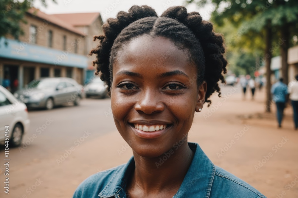 Close portrait of a smiling young Zimbabwean woman looking at the camera, Zimbabwean city outdoors blurred background Close portrait of a smiling young Zimbabwean woman looking at the camera, Zimbabwean city outdoors blurred background