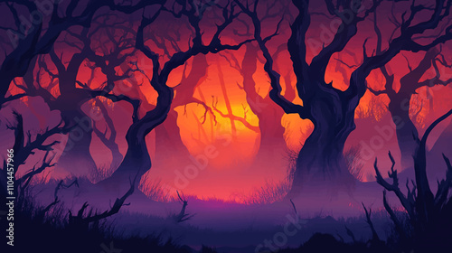 Scary dark forest at night. Halloween background with spooky woods. Vector cartoon illustration of creepy deep forest landscape with tree trunks, grass and stones