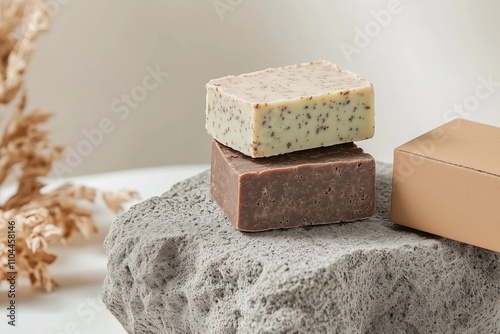 artisanal soap bars stacked on textured stone with natural cardboard packaging nearby. The soaps have earthy tones and a rugged, handmade aesthetic photo