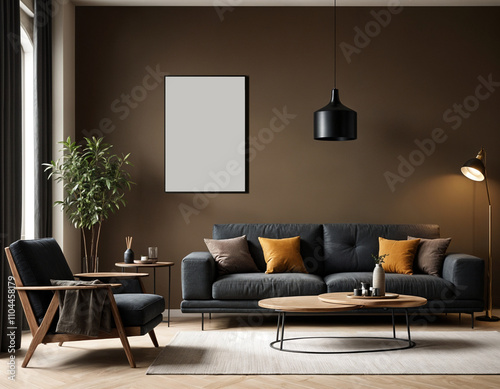Interior view of contemporary home with frame mockup on the wall. Brown color