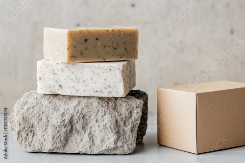 artisanal soap bars stacked on textured stone with natural cardboard packaging nearby. The soaps have earthy tones and a rugged, handmade aesthetic photo