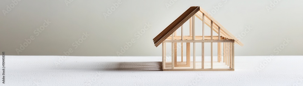 Wooden house builder with rural construction concept. A minimalist wooden house model sits on a flat surface, showcasing its framework against a neutral background. Wooden house builder with rural construction concept. A minimalist wooden house model sits on a flat surface, showcasing its framework against a neutral background.