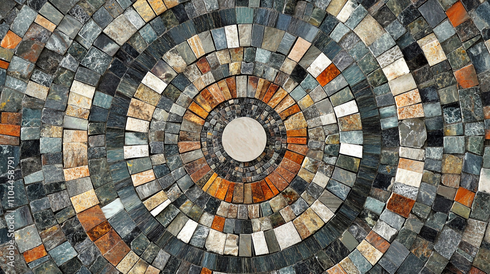 Fototapeta premium Colorful Stone Mosaic Tile Circular Pattern Flooring Texture Background