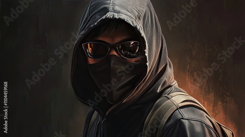 Mysterious male figure in a dark hoodie and sunglasses, exuding an enigmatic vibe. photo