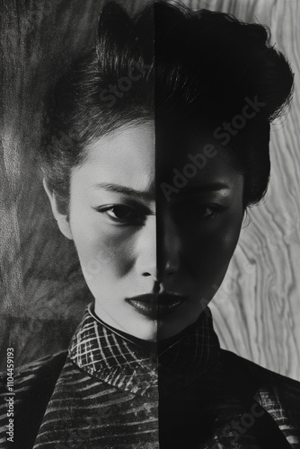 Dark and light side of a woman portrait in black and white split image