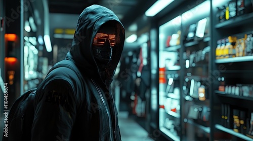 A mysterious male figure wearing a futuristic hoodie and glowing mask stands in a sleek, modern store, exuding an enigmatic vibe. photo