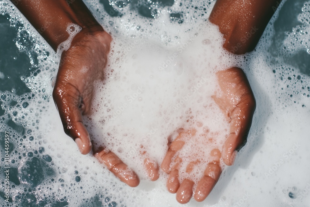 two hands lathered with white foamy suds in motion, creating a tactile and cleansing aesthetic