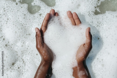 two hands lathered with white foamy suds in motion, creating a tactile and cleansing aesthetic