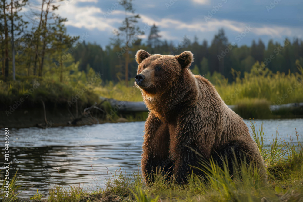 Obraz premium brown bear against the background of a lake,.