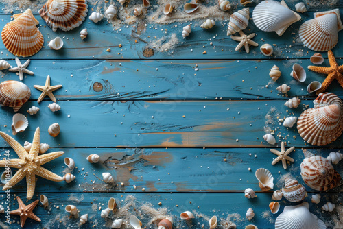 summer and sea themed flat lay with shells, sand on a rustic wooden background,.     photo