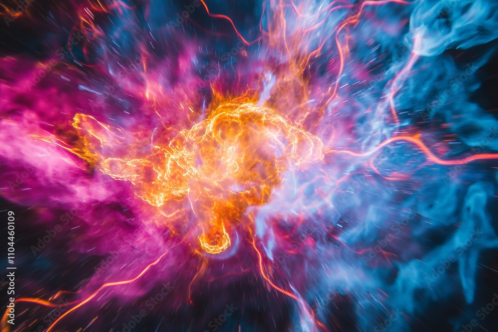 A mesmerizing display of fiery orange energy bursts tangled with vibrant pink and blue clouds, evoking a sense of dynamic cosmic power and mystery.