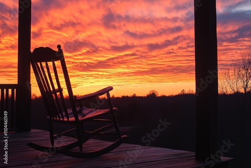 A solitary rocking chair silhouette frames a vibrant, blazing sunset sky, capturing the peacefulness of twilight and inspiring introspection and relaxation. photo