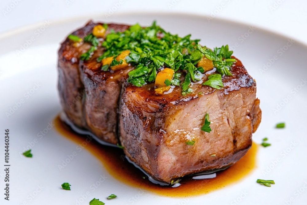 Single gourmet beef portion, caramelized exterior, fresh herb topping, rich sauce drizzle, minimalistic plating, elegant culinary delight, moist tender center, ample white space
Single gourmet beef portion, caramelized exterior, fresh herb topping, rich sauce drizzle, minimalistic plating, elegant culinary delight, moist tender center, ample white space