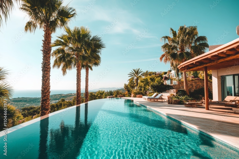 Fototapeta premium Stylish villa featuring a luxurious infinity pool offers panoramic ocean views and is surrounded by swaying palm trees, representing exclusivity and tranquility.