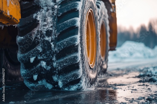 Snowplow tire navigating icy conditions in a winter landscape during a snow removal operation photo