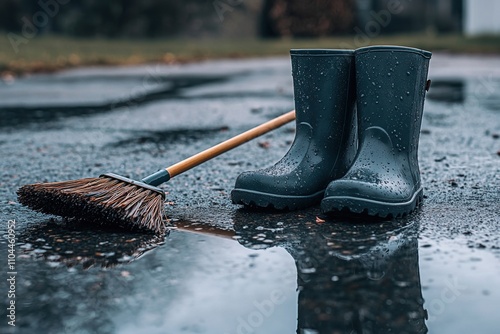 Rubber boots and broom resting on wet pavement after rainy weather in a minimalist outdoor setting photo