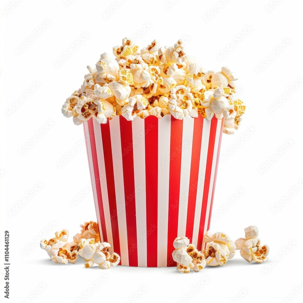 A vibrant bucket of freshly popped popcorn with a classic red and white striped design, spilling some onto a clean surface. A vibrant bucket of freshly popped popcorn with a classic red and white striped design, spilling some onto a clean surface.