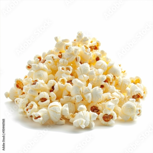 A vibrant pile of fluffy, freshly popped popcorn on a plain white background, perfect for movie nights. photo