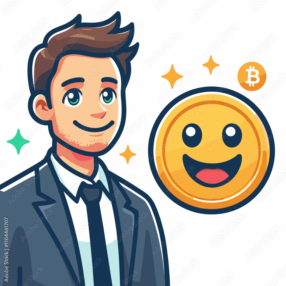 Smiling businessman in suit with bitcoin symbol and happy emoji for financial success concept Smiling businessman in suit with bitcoin symbol and happy emoji for financial success concept